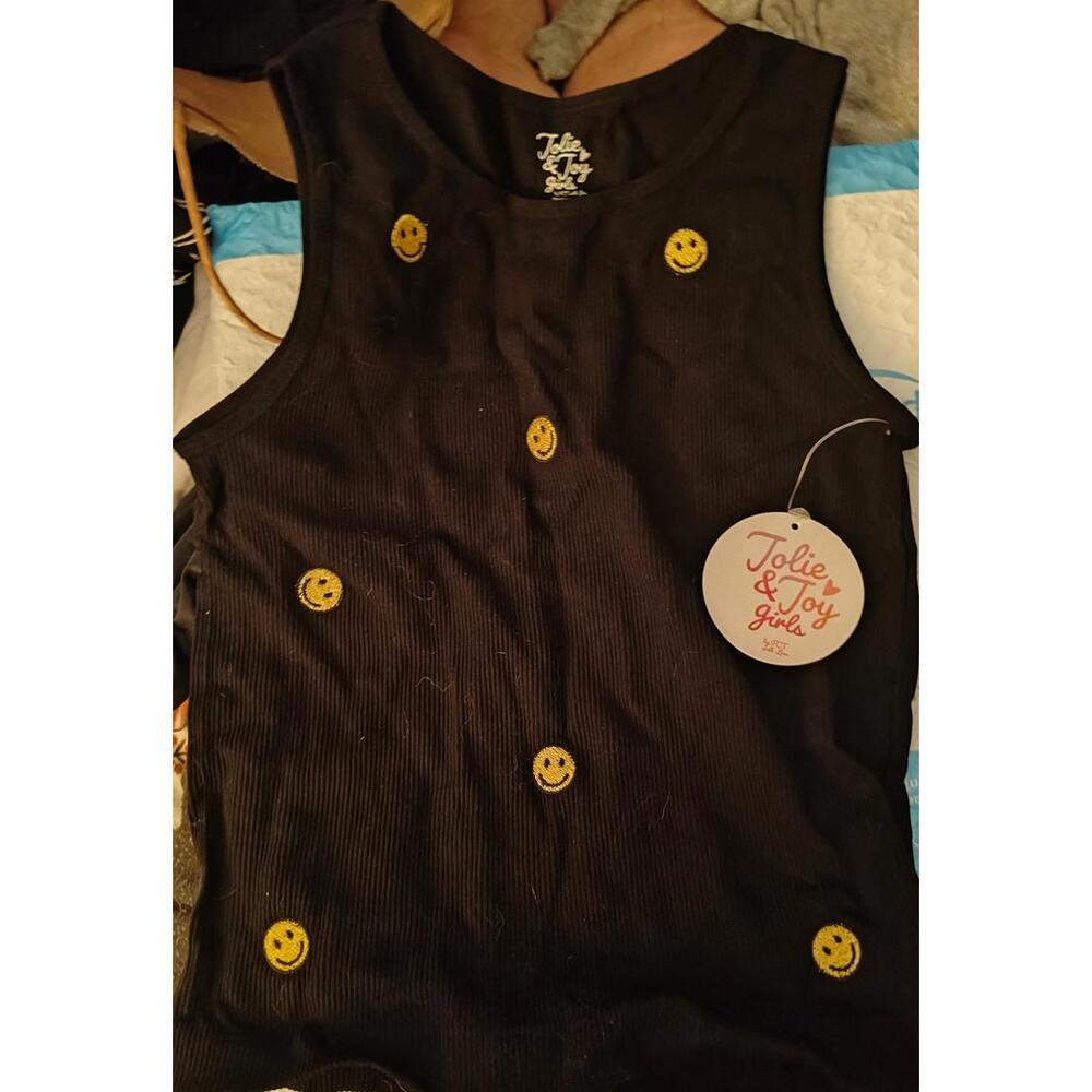 NWT Jolie & Joy tank top -youth L - black w smiley face AOP